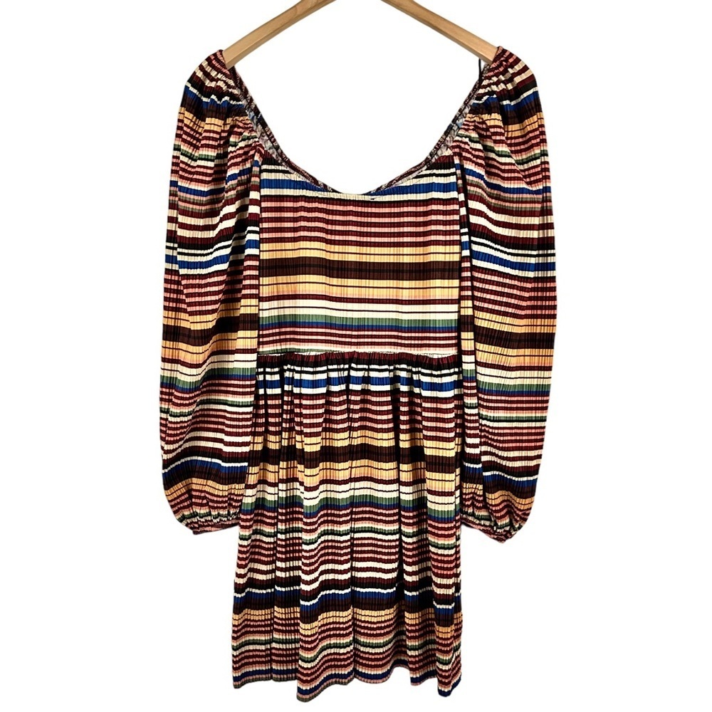 ZARA Multicolor Stripe Pleated Long Balloon Sleeve Dress - Picture 6 of 14